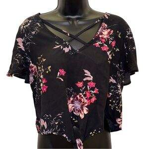 ‘Mudd’ black floral tie front top with pink and purple flowers - size S